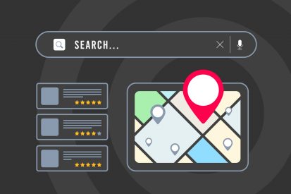 Local Search - small business seo marketing strategy based on consumer near me searches. Browser with local business listing, map and red pin icon, search result with nearby places with star rating